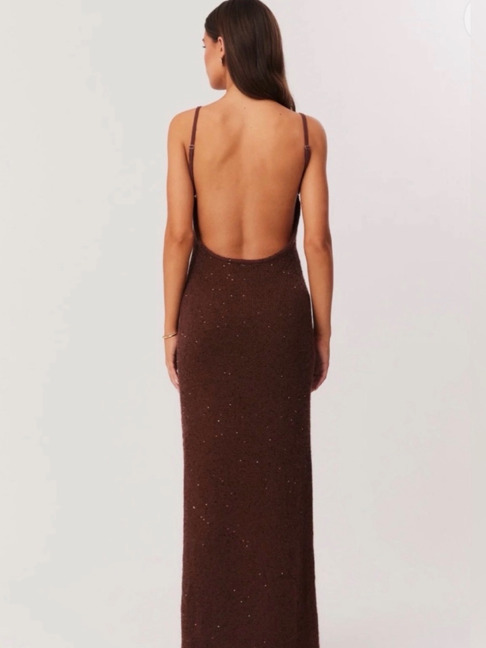 Brown Sparkle Maxi Slip Dress with V-Neck - Picture 3 of 4